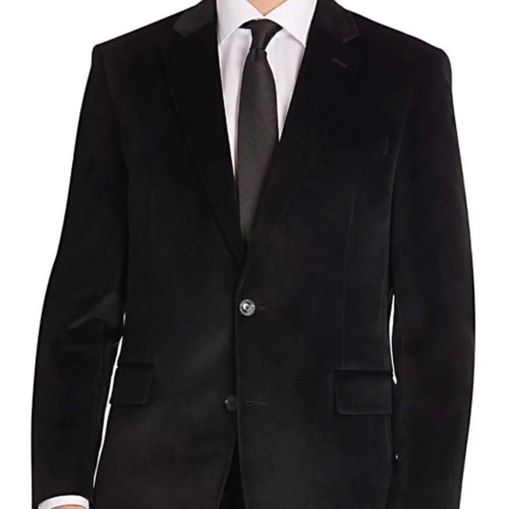 Tommy Hilfiger Mens Black Modern Fit Velvet Two Button Sport Coat